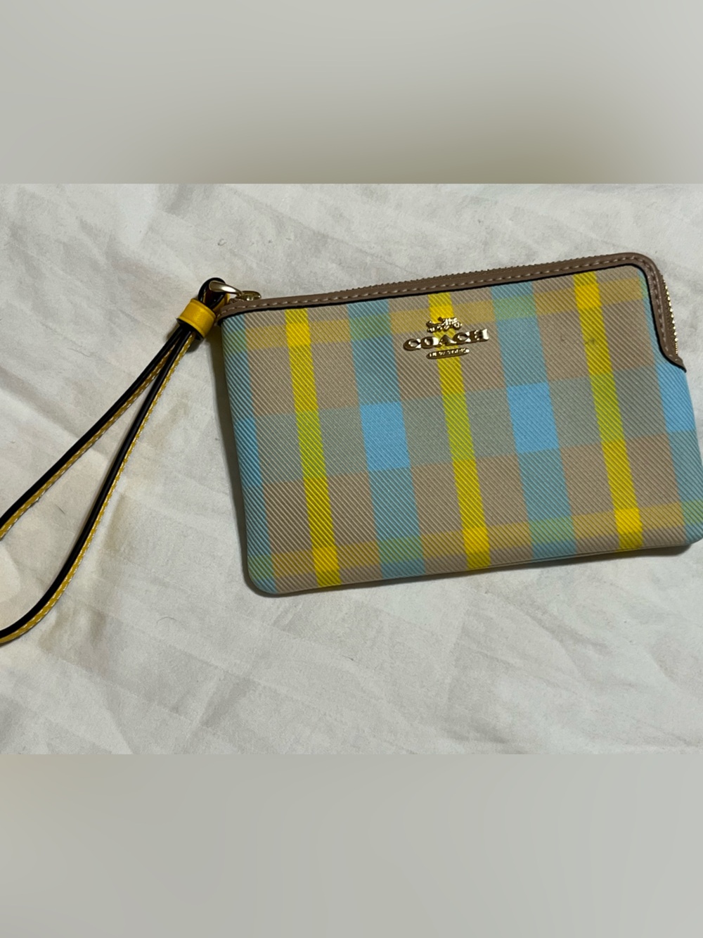 Coach Plaid Zip Wristlet in Blue, Yellow & Tan